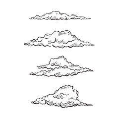 Four line drawn clouds in black and white. Drawn by hand in a sketchy style. Bundle of four. 