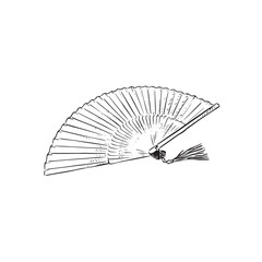 A line drawn sketch of a fan in black with shading