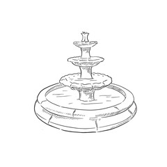 A line drawn illustration of a garden fountain in black and white. Created by hand on Procreate using an apple pencil, this is a perfect decor item to use for gardeners or horticulturists.  - obrazy, fototapety, plakaty