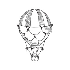 A line drawn hot air balloon with decorative elements. Black and white line drawing by hand.