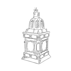 Obraz premium A line drawn illustration of a Moroccan lantern made out of glass panels and metal. Commonly found in the Souks of Morocco. Hand drawn.