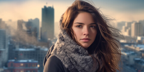 Portrait of a Beautiful Argentina Woman with a Background of a City in Winter