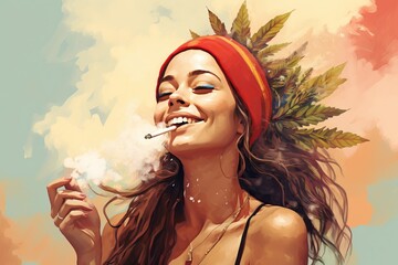 A smiling girl smokes a joint of marijuana, weed inhaling - obrazy, fototapety, plakaty