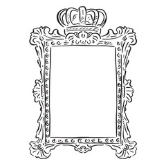 A line drawing of a regal style frame. Black and white hand drawn illustration of an ornate frame with a crown at the top.
