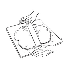 Fototapeta premium A line drawn illustration of hands, a rolling pin and pastry indicating pastry rolling.