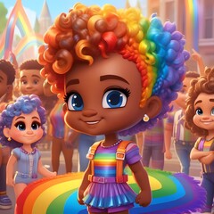 Fototapeta na wymiar A loving lesbian girl against the rainbow backdrop of a pride parade.