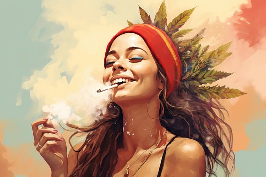 A smiling girl smokes a joint of marijuana, weed inhaling