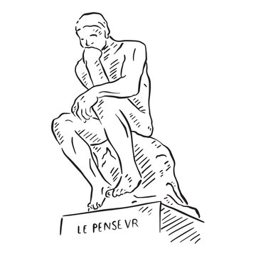 Thinking Man statue from Paris. Hand drawn in black and white line and shaded using lines.