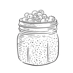 A line drawing sketch of a chia pudding, finished with blueberries on the top and encased in a ramekin style pot. 