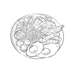 A line drawing of a cooked breakfast in black and white featuring fried eggs, bacon, sausage, beans, mushrooms and tomatoes.