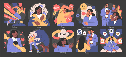 Overcoming fears set. Various emotional states and relief methods. Resilience, anxiety, exposure, and mindfulness. Flat vector illustration.