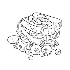 A line drawn illustration of French toast, finished with banana and blueberries. A breakfast idea. 