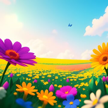 Colorful spring flowers with blue sky in the background.