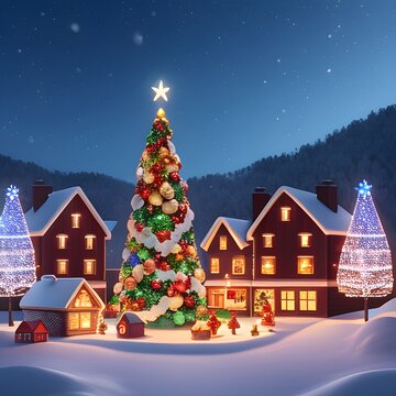 Illustration of Christmas village. A beautiful and magical winter city, straight out of a fairytale, with snow-covered rooftops. Happy new year. Winter landscape.