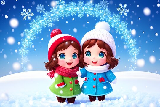 Two cheerful girls in winter enjoing the snow.