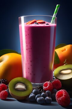 Fruit smoothie in a glass with fruits and berries on the background.