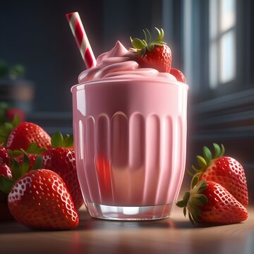 Tasty strawberry milkshake with whipped cream on top.