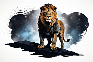 In the inky blackness of space, the silhouette of a lonely lion floating, graphic t-shirt vector, contour, white border background.
