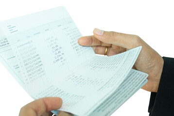 Obraz premium Bank Account Book Statement Balance Number Cash, Hand Holding Data Investment Debt Math in Office, Bill Receipt and Payment Business Credit Card Account, Check Paper Financial Loan Tex Concept.