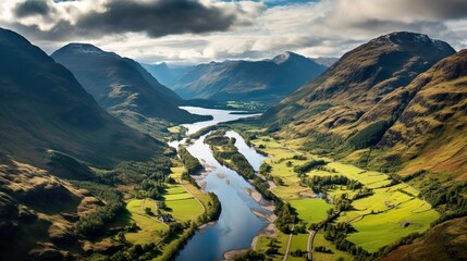 Aerial View of Glencoe and the Mountains Surrounding The Small Town in Scotland - obrazy, fototapety, plakaty