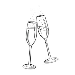 Illustration of clinking champagne glasses. Line drawn illustration, taking inspiration from weddings, events and celebrations. Cheers.