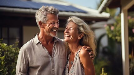 A couple is in front of a home that has solar panels installed. Generative Ai.