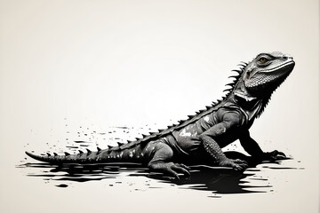 In the inky blackness of space, the silhouette of a lonely iguana floating, graphic t-shirt vector, contour, white border background. - obrazy, fototapety, plakaty