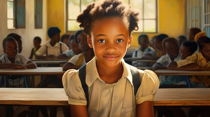 African girl at elementary school smiling towards the camera - obrazy, fototapety, plakaty