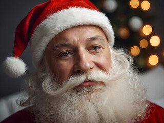 Retro Cheerful Santa, Santa Christmas Vintage Portrait, Bokeh Christmas Tree Lights, 