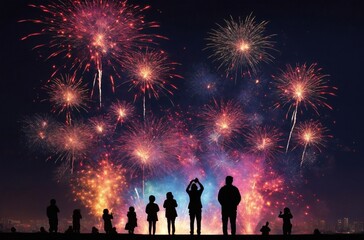Fototapeta na wymiar Silhouette people watching new year fireworks