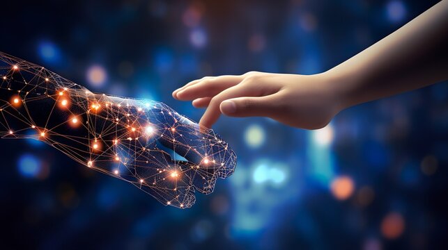 Machine learning, Hands of robot and human touching on big data network connection, Data exchange, deep learning, Science and artificial intelligence technology