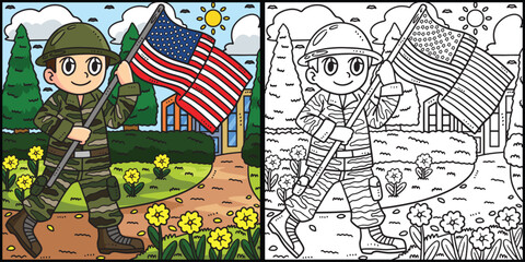 Memorial Day Soldier Holding Flag Illustration