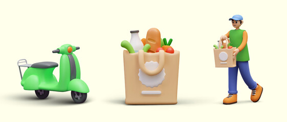 Green scooter, grocery shopping bag, man with paper package. Isolated illustrations for website design, courier services application. Home delivery of online orders