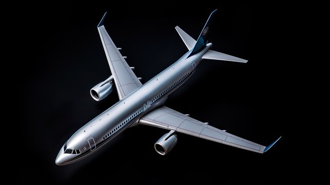 Aircraft model on black background, Top view. Concept of aircraft industry, airline safety, security and traveling insurance