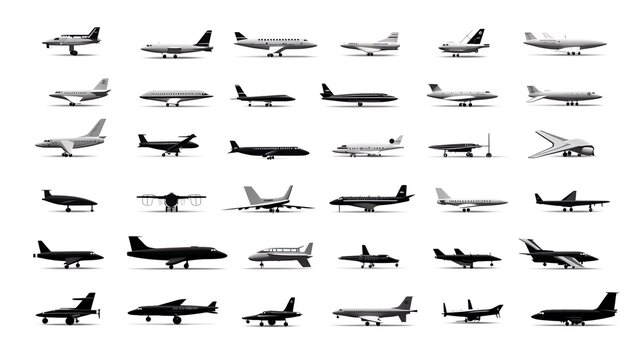 aircrafts icon set. jets and planes silhouette on solid background.