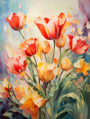 A Painting Of Flowers On A Canvas - Red tulips flowers in the garden