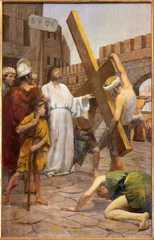  TREVISO, ITALY - NOVEMBER 8, 2023: The painting  Jesus carried his cross as part of Cross way stations in the church La Cattedrale di San Pietro Apostolo by Alessandro Pomi (1947). © Renáta Sedmáková