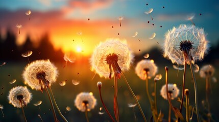 Dandelion seeds blowing in the sky symbolizing wishe