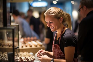 Cheerful female baker fulfilling customer order in her shop with exceptional service