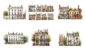 Classic British Town House watercolor clipart Botanical house - obrazy, fototapety, plakaty