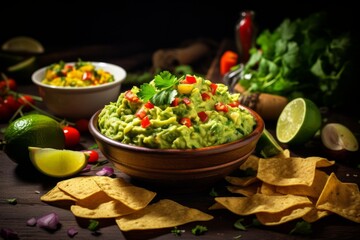 Guacamole served with crispy tortillas, a traditional Mexican dish, with the crunch of tortilla chips