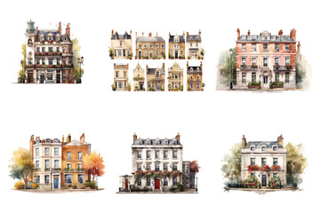 Classic British Town House watercolor clipart Botanical house