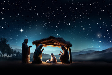 silhouette nativity scene with baby jesus mary and joseph - obrazy, fototapety, plakaty