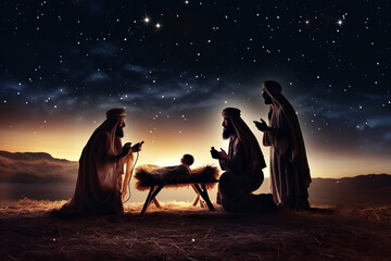 silhouette nativity scene with baby jesus mary and joseph - obrazy, fototapety, plakaty