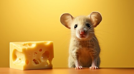 Big tasty piece of cheese with a mouse on a yellow
