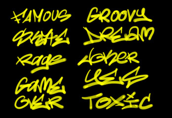 Collection of graffiti street art tags with words and symbols in yellow color on black background