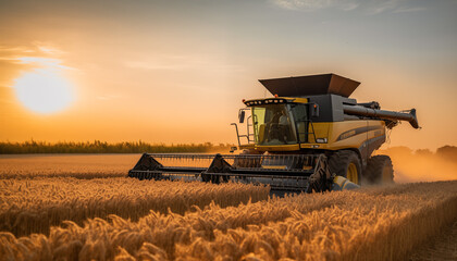 Combine Harvester Working in Wheat Field - obrazy, fototapety, plakaty