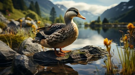 A male wild duck standing on a rock