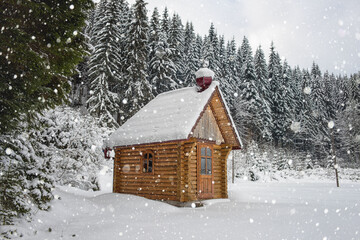 Scenic winter landscape with small wooden mountain hut surrounded by fir forest in the Carpathian mountains during snowfall, outdoor travel background