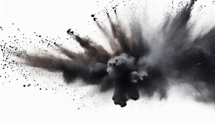 closeup of black dust particles explode isolated on white background - obrazy, fototapety, plakaty